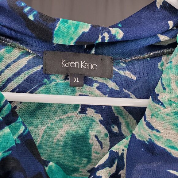 Karen Kane Mesh Top Womens XL Cowl Neck Long Sleeve Green Blue Floral Vtg Y2K - Picture 3 of 7